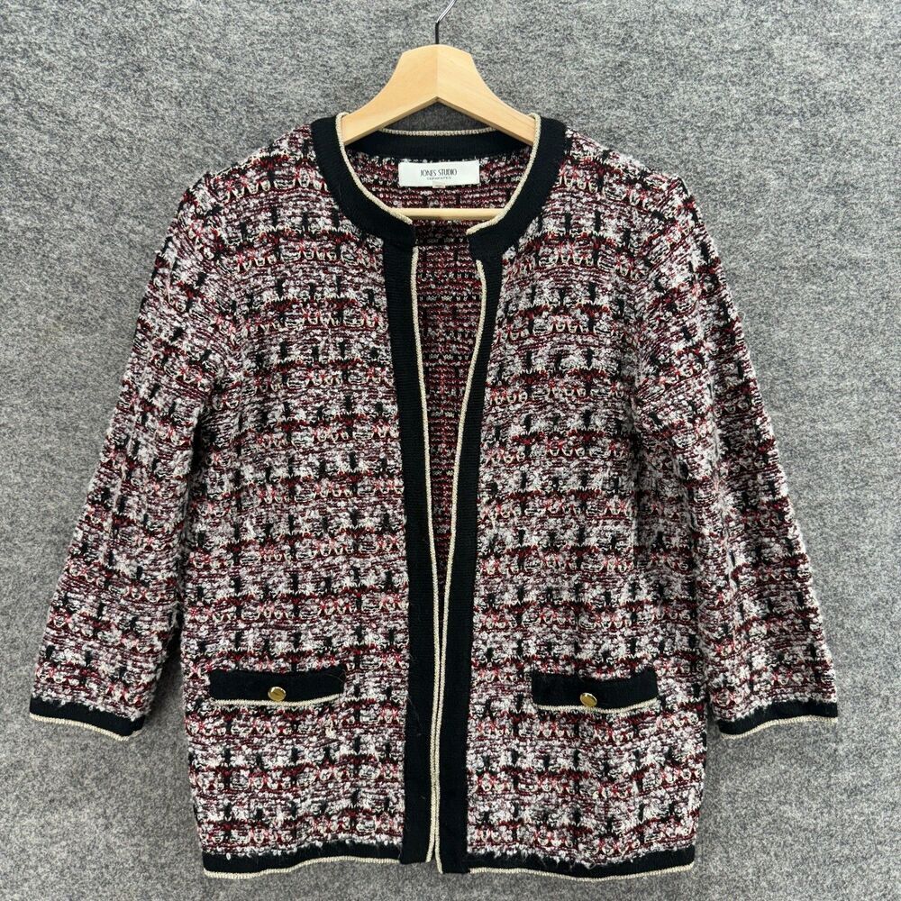 Jones Studio Cardigan Women S Small Black Geometric Open Front Long Sleeve